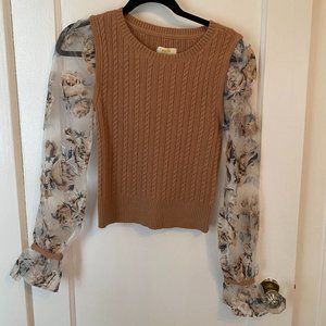 Anthropologie Maeve Floral Sheer Sleeves with Tan Sweater Vest
